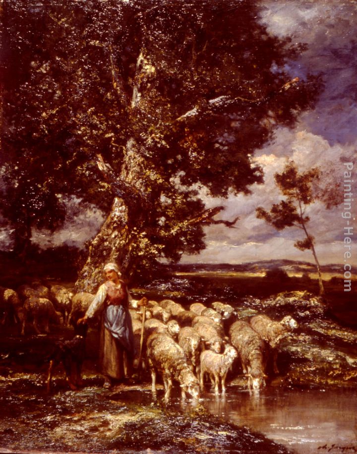 Shepherdess painting - Charles Emile Jacque Shepherdess art painting